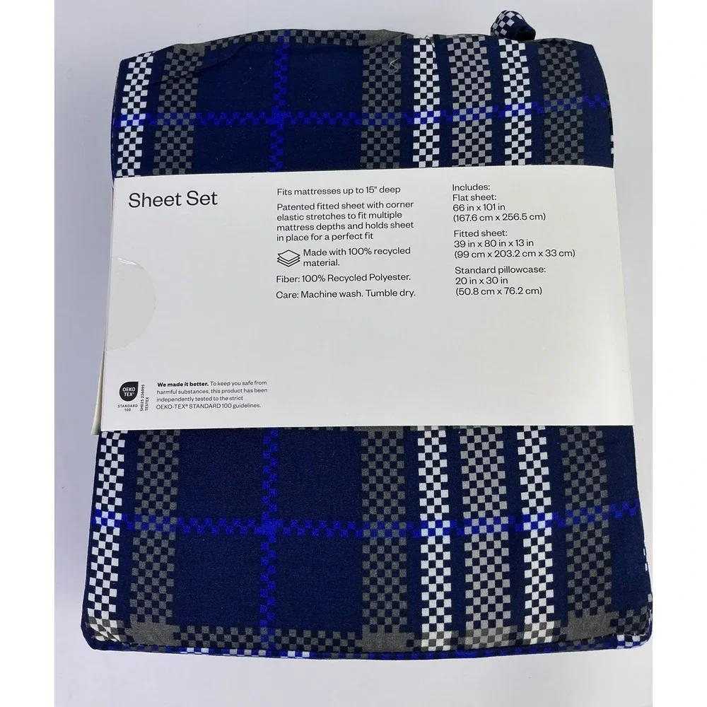 Room Essentials‎ Microfiber Sheet Set Twin XL Blue Gray Plaid Wrinkle Resistant
